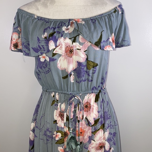 Band of Gypsies floral off shoulder tie waist high/low hem maxi dress M blue - Picture 4 of 8